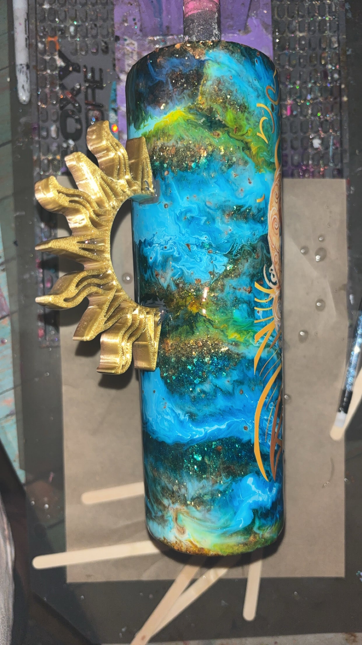 30oz Epoxy Resin Mystical Sun with handmade handle