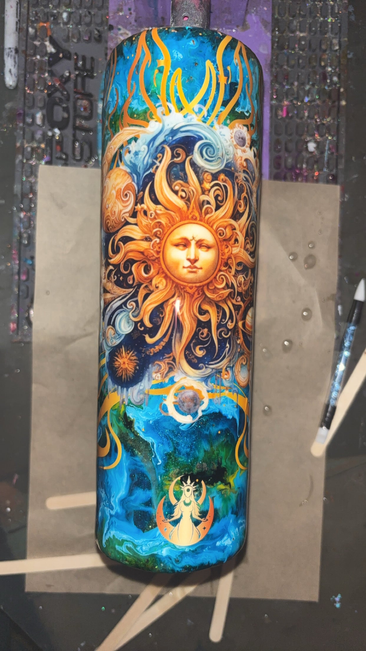 30oz Epoxy Resin Mystical Sun with handmade handle
