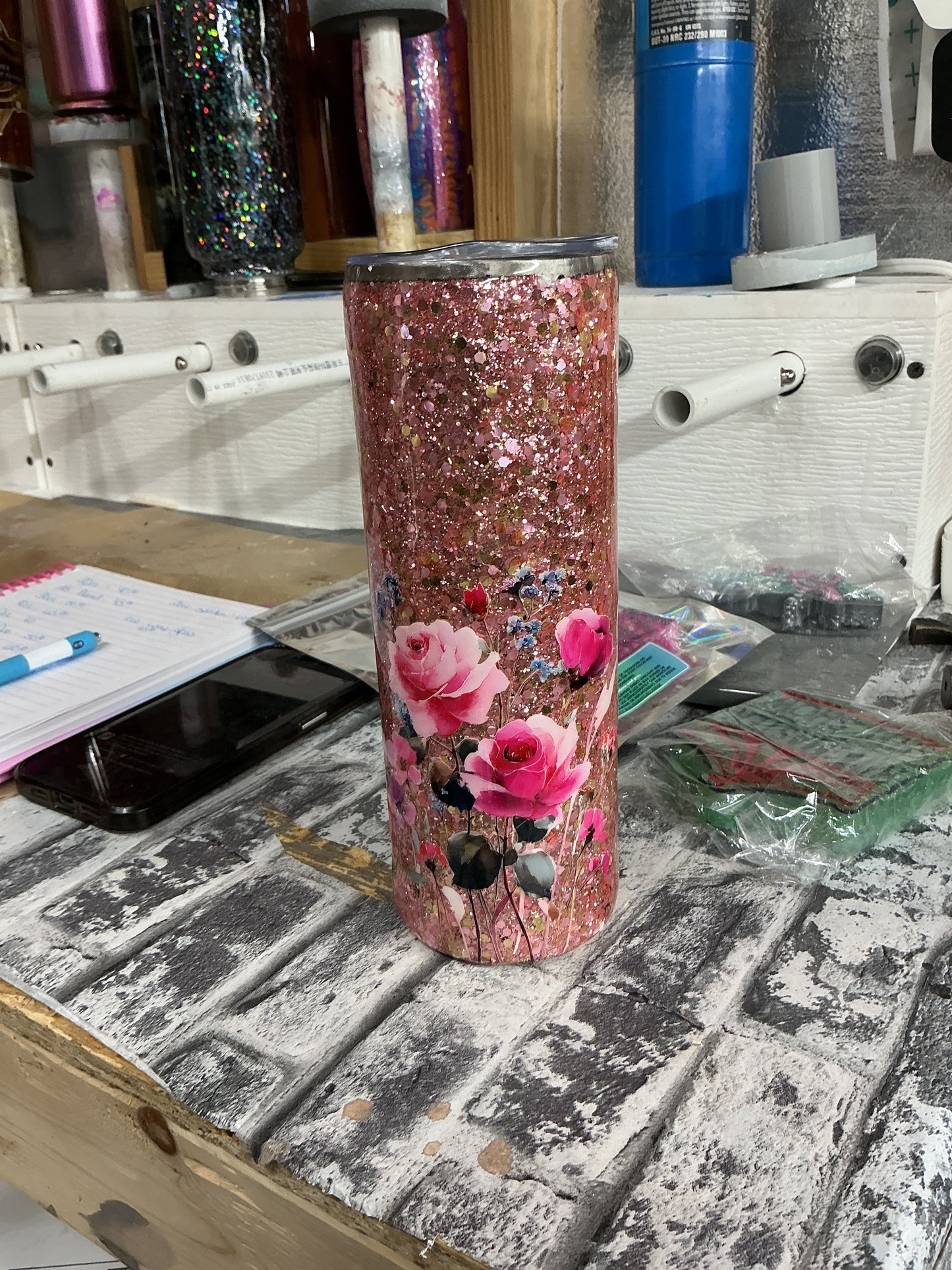 20 oz pink glitter rose #38