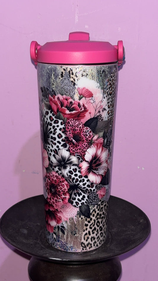 24oz Rope Handle Cheetah Flower Epoxy Resin Tumbler