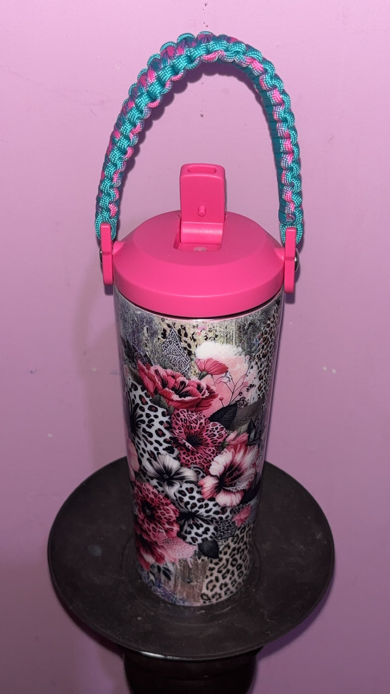 24oz Rope Handle Cheetah Flower Epoxy Resin Tumbler