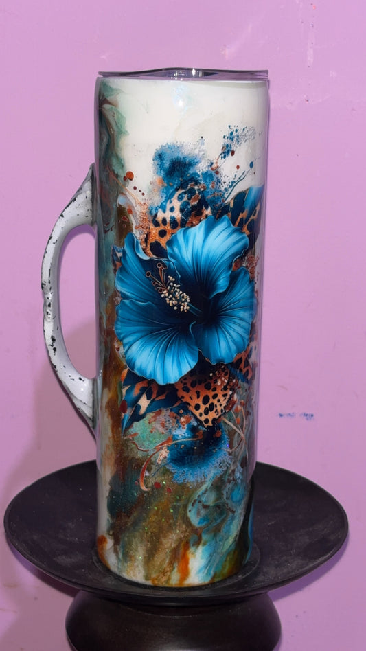 30oz Blue Cheetah Flower with handle